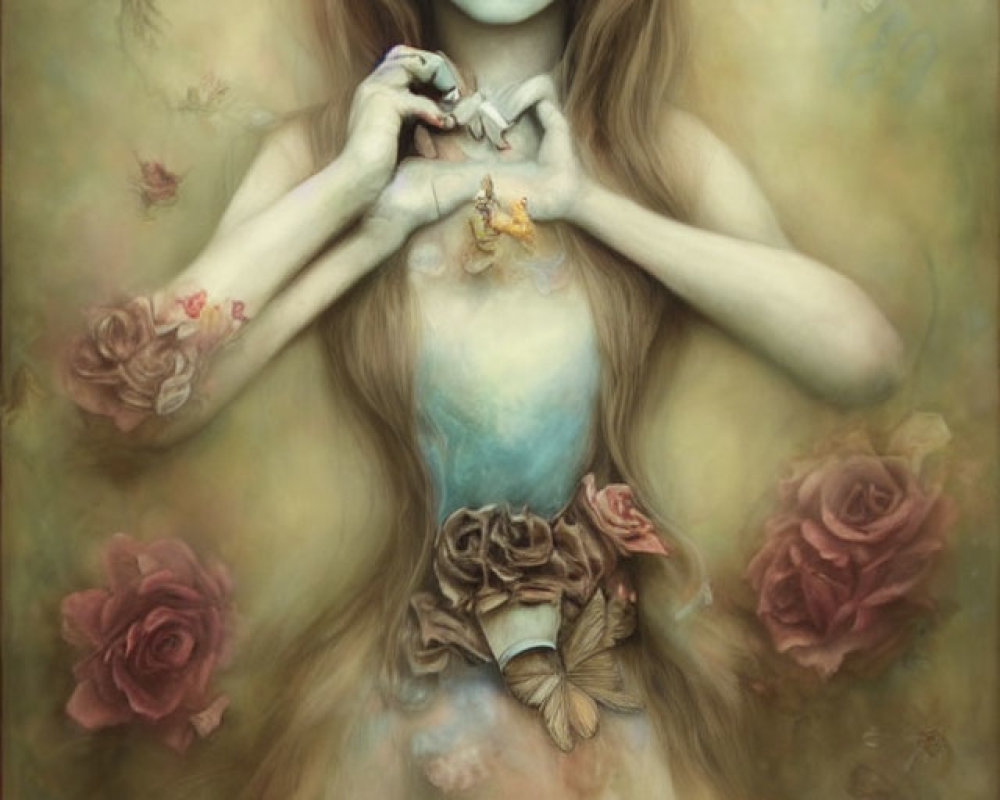 Mystical female figure with pale skin and green eyes, adorned with floral elements.