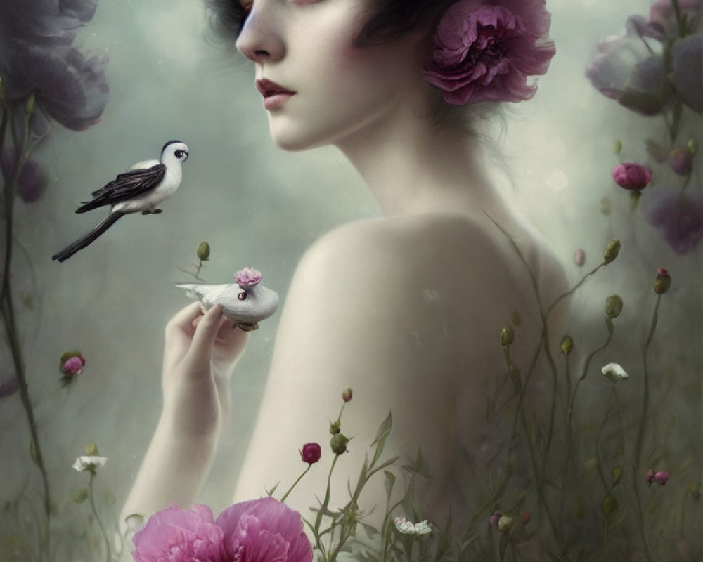 Serene woman with deep gaze in surreal floral scene with birds