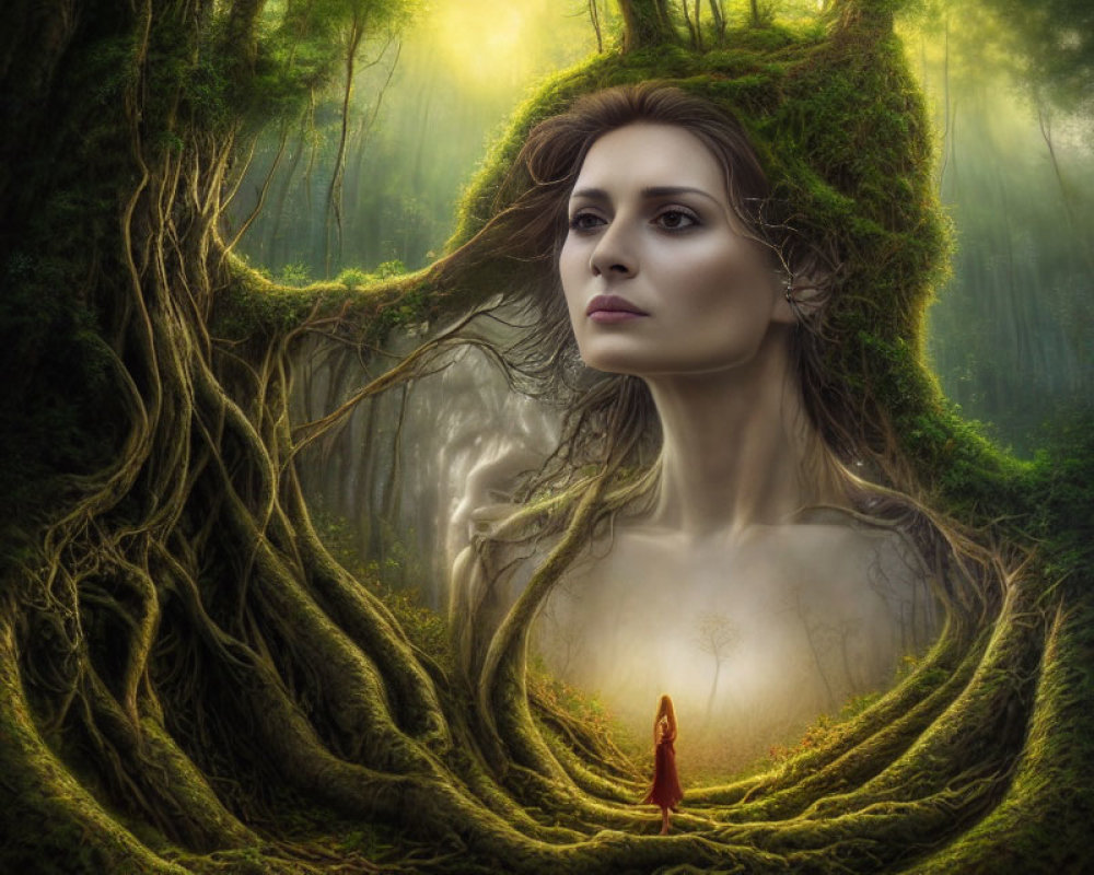 Mystical image of woman's face merging with tree in enchanted forest