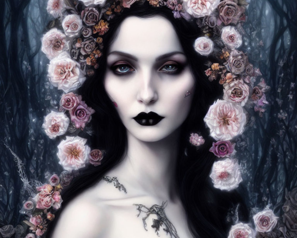 Pale-skinned woman with dark lips and rose crown in eerie portrait