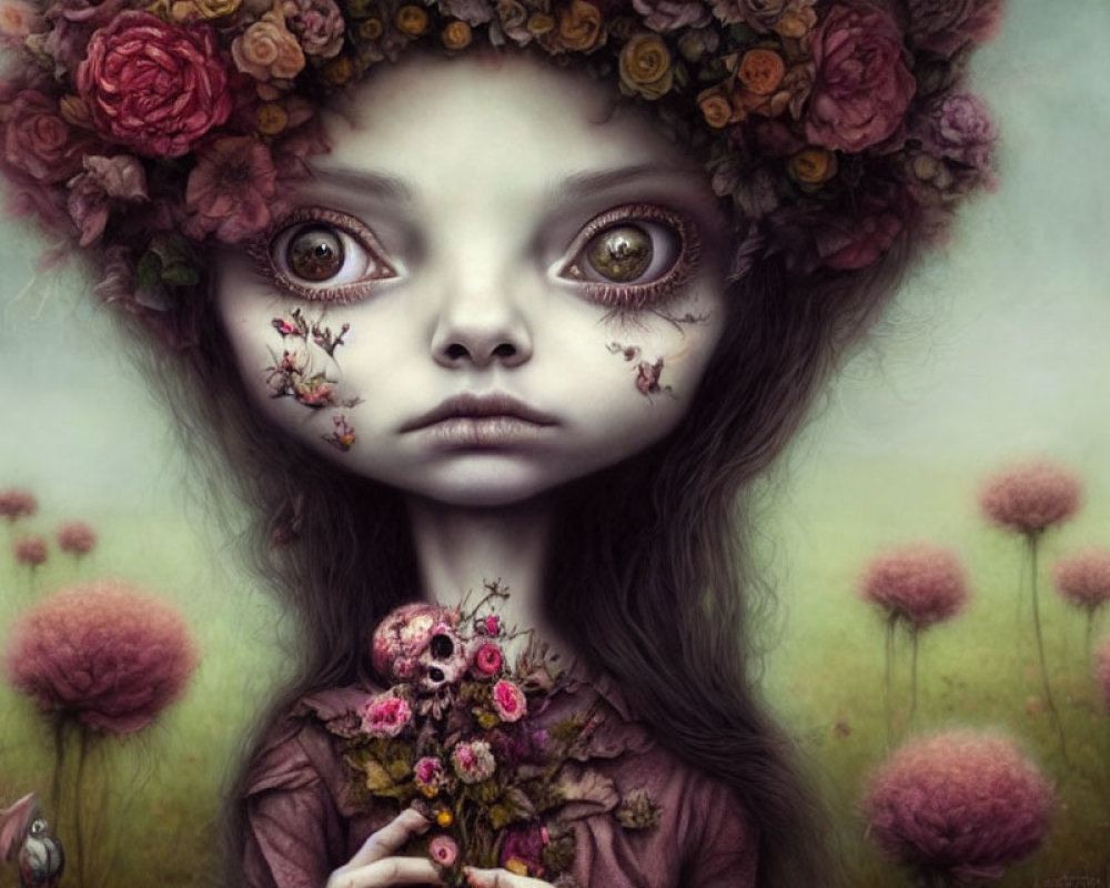 Large-eyed girl in floral crown surrounded by blossoms in surreal portrait.