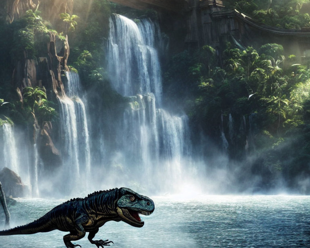 Velociraptor in Prehistoric Jungle with Waterfalls and Sunlight