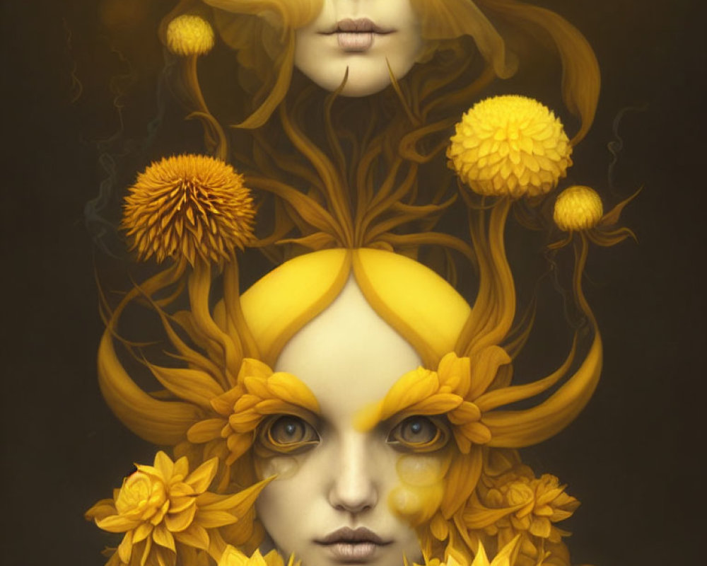 Symmetrical portrait of a woman with flowing hair and yellow flowers on a dark background