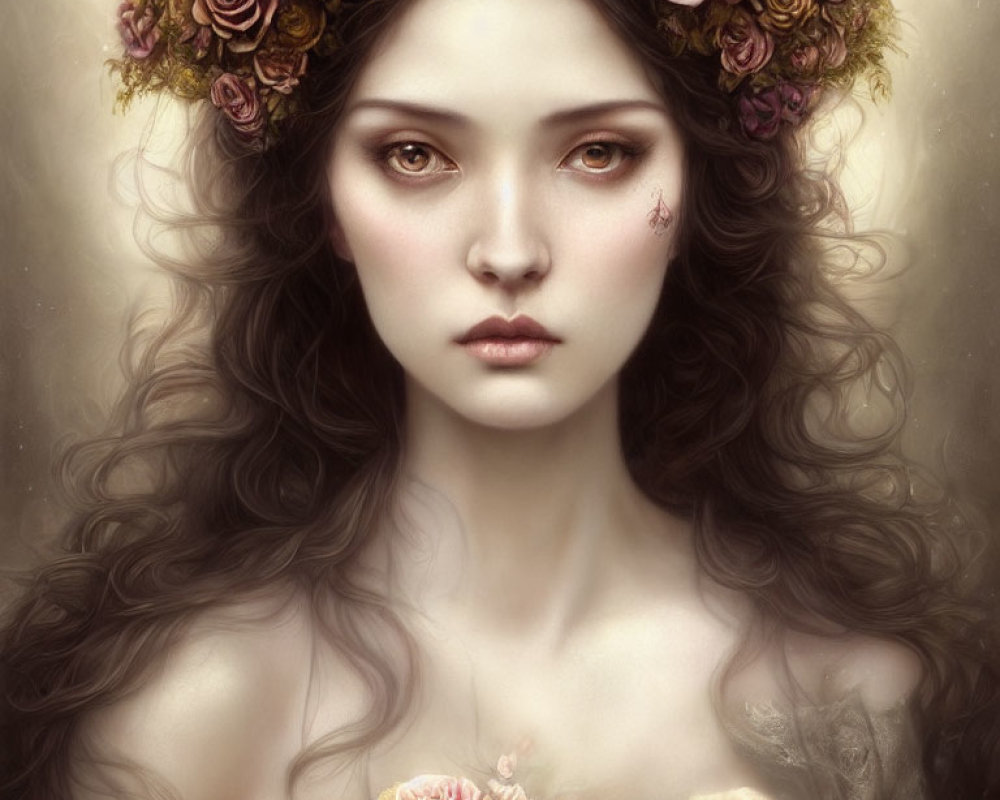 Portrait of woman with floral crown and wavy hair in soft, romantic setting