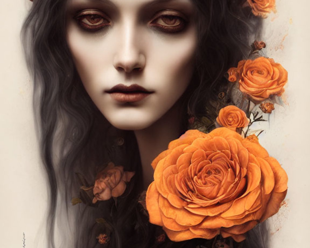 Artwork featuring woman with pale skin, dark hair, red eyes, and rose crown