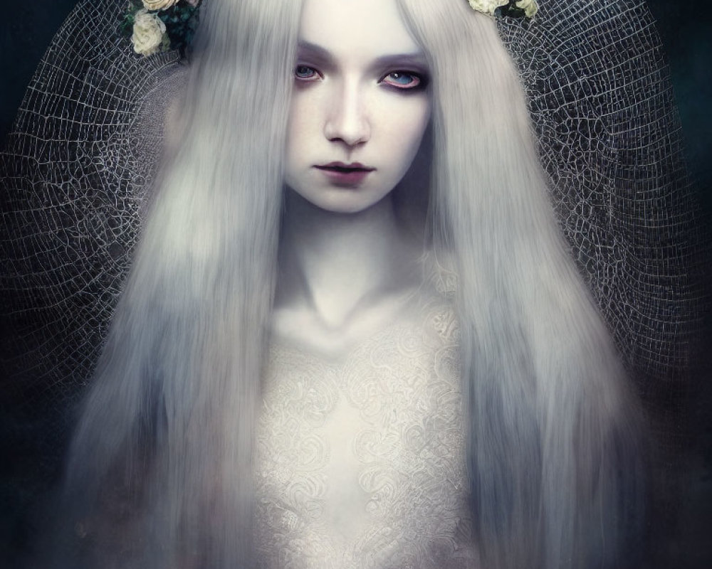 Pale woman with white hair, red eyes, and floral crown on dark, web-like background