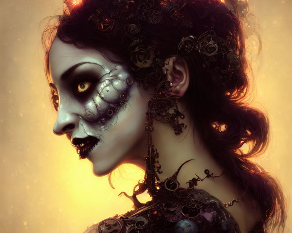 Steampunk-inspired woman with mechanical details on face in digital artwork