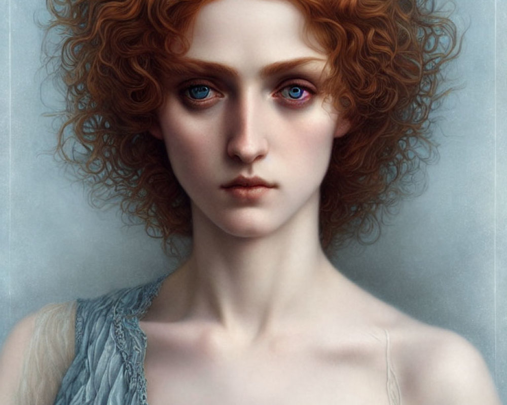 Portrait of a person with curly red hair, blue eyes, fair skin, and light blue dress