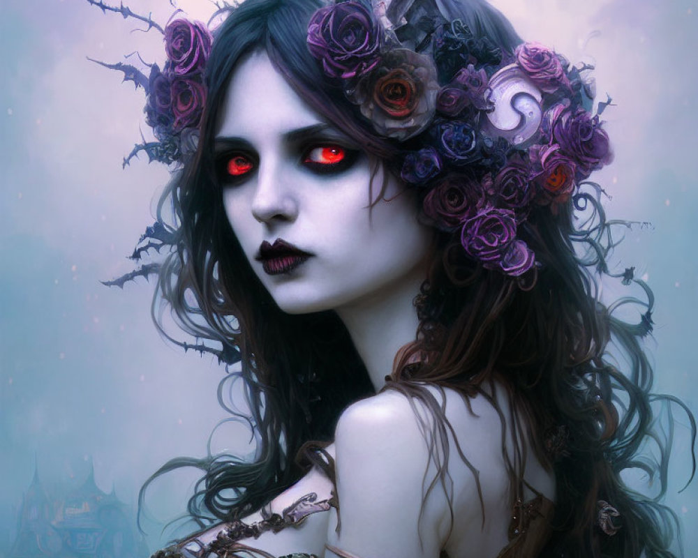 Portrait of Woman with Pale Skin, Red Eyes, Dark Hair, Crown of Purple Roses, and Gothic