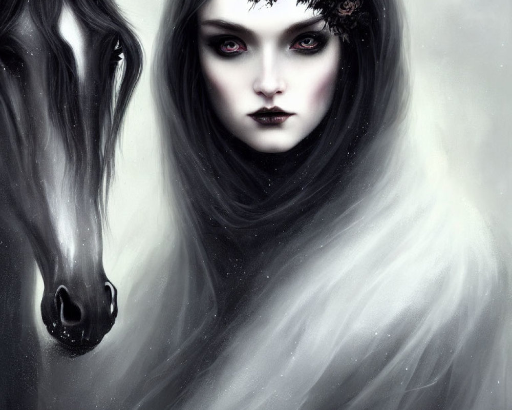 Monochrome digital painting of woman with pale skin and dark makeup and black horse in mist