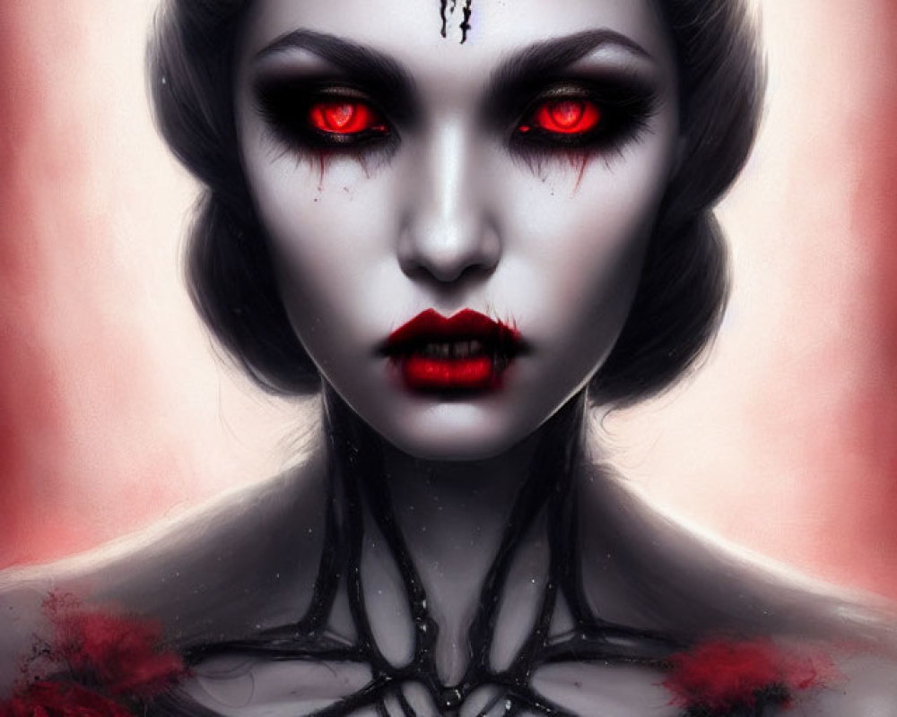 Digital Artwork: Woman with Red Eyes, Skeleton Design, and Red Roses