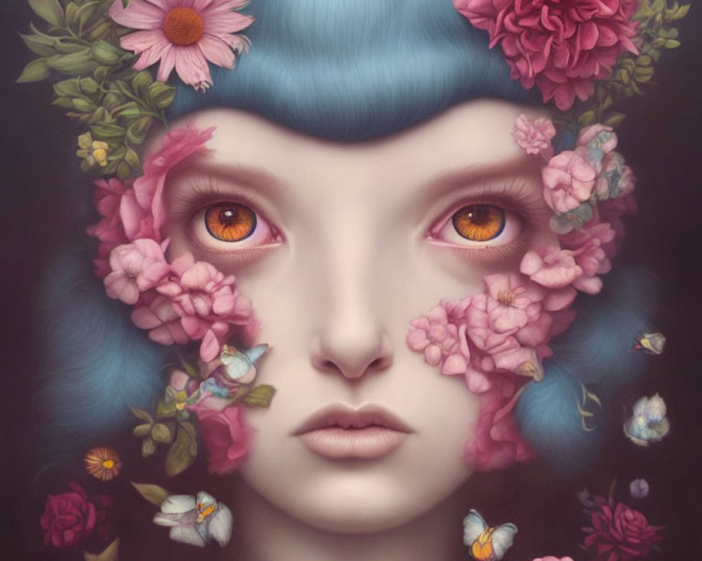 Female face with blue hair, pink flowers, orange eyes, and butterflies on dark backdrop