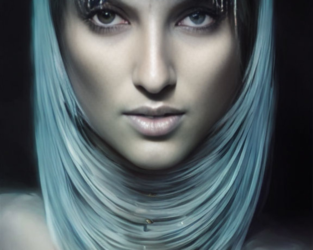 Pale Blue-Haired Person with Ornate Metallic Headdress on Dark Background