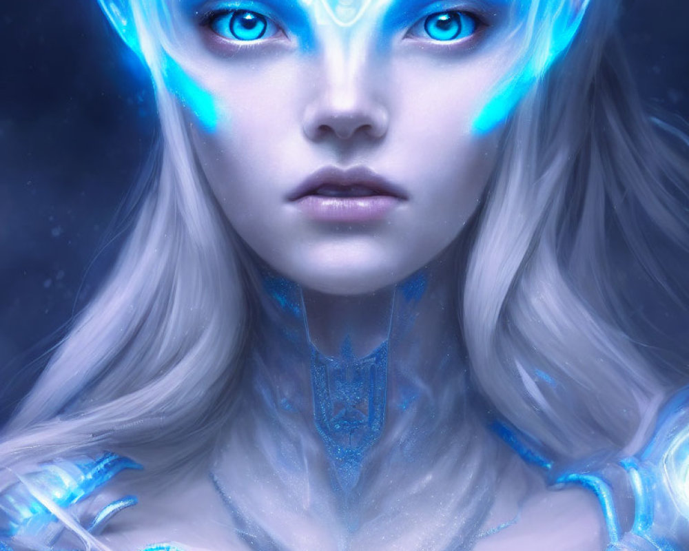 Fantasy portrait: Woman with glowing blue eyes, ethereal skin & ice-like patterns