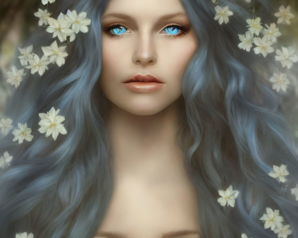 Blue-haired woman with striking blue eyes among white flowers portraits serene beauty