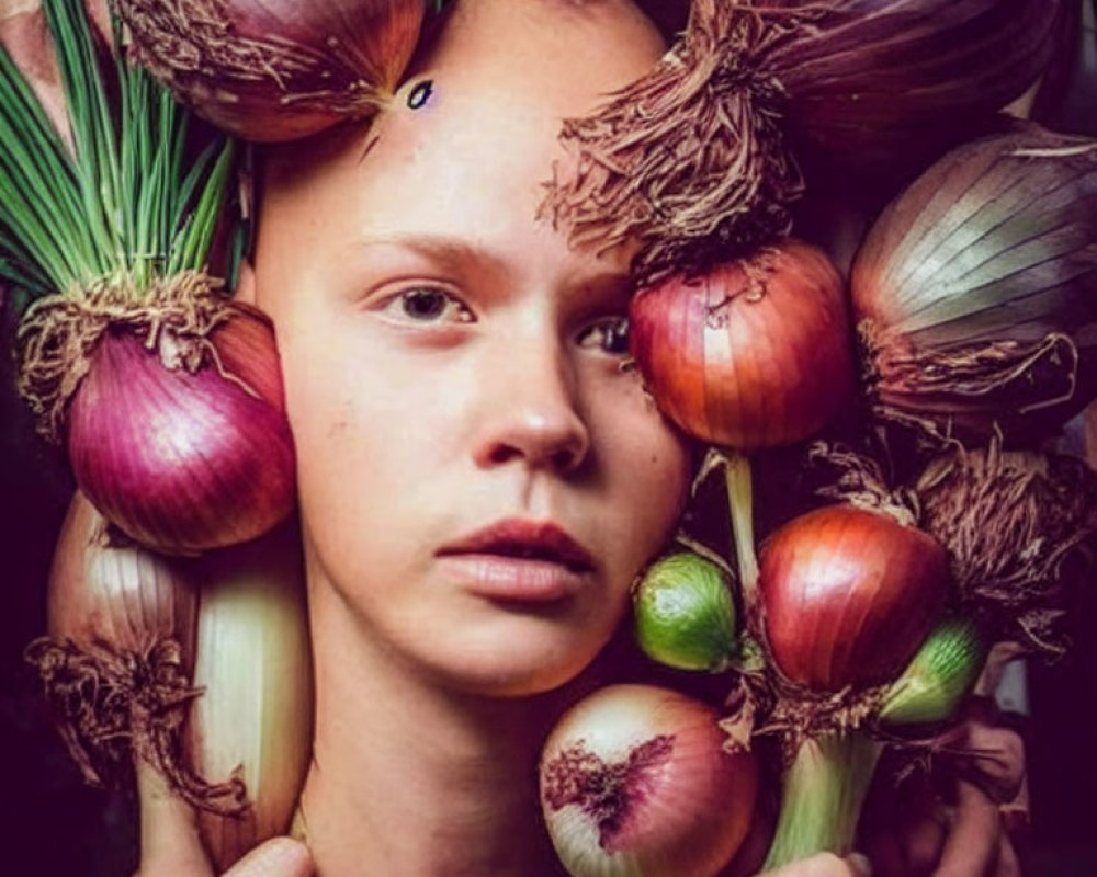 Person surrounded by vibrant green onion shoots and various onions