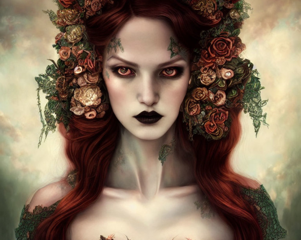 Red-haired woman with floral wreath and dark lipstick surrounded by delicate greenery