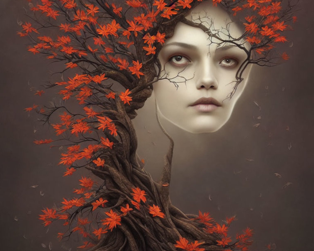 Surreal portrait of woman's face merging with autumn tree