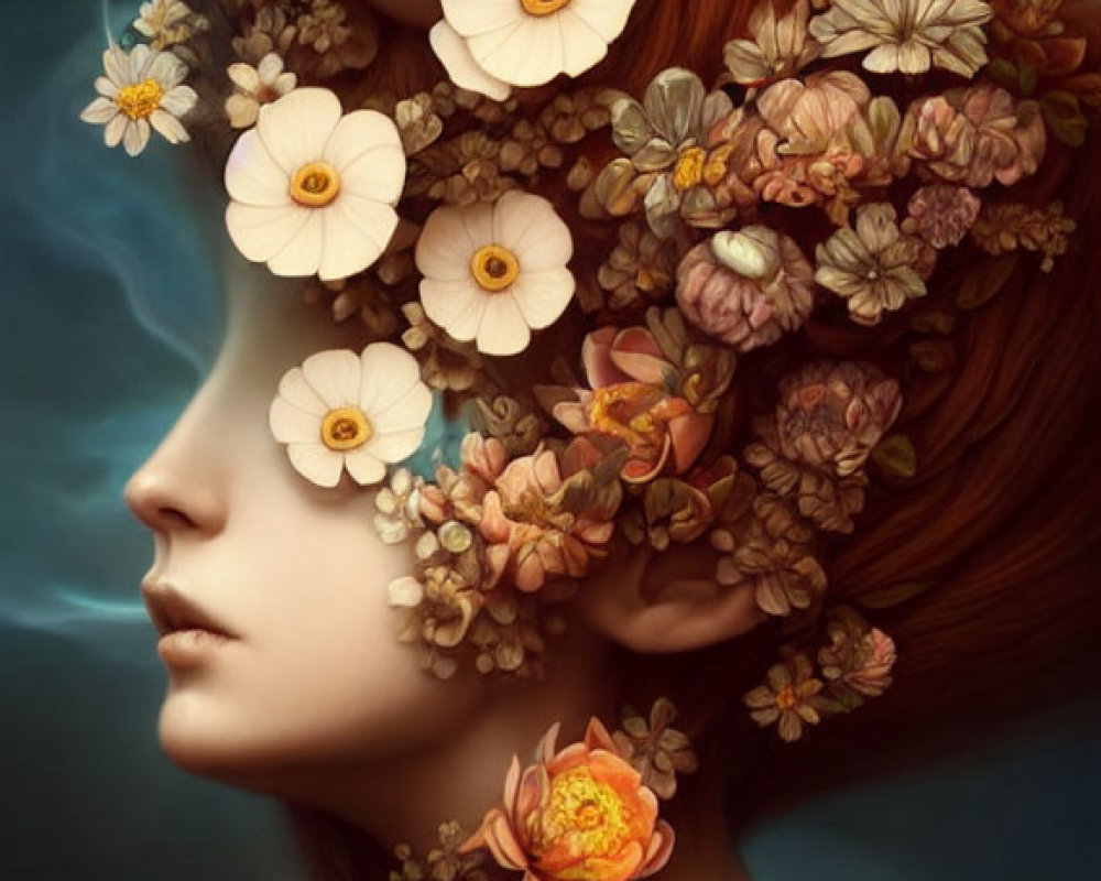 Surreal portrait of woman with eye in hair and vibrant flowers on dark backdrop