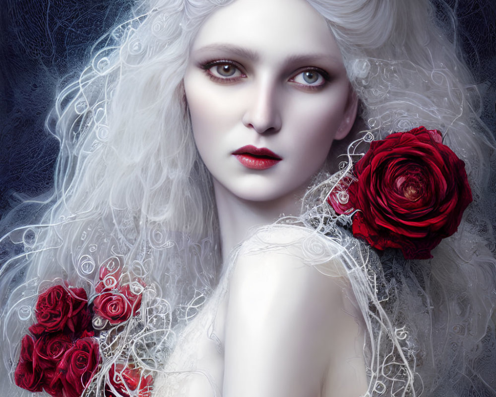 Pale Woman with Red Lips and White Hair Adorned with Red Roses on Dark Background