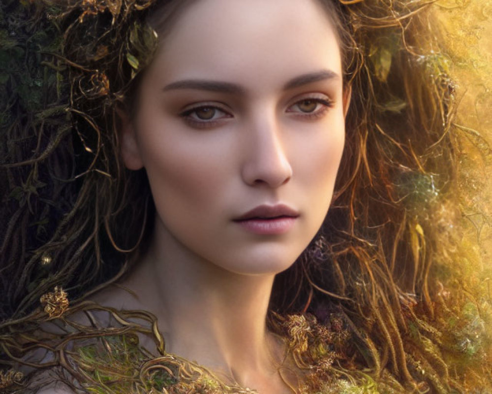 Woman wearing ornate branch and foliage headpiece, emitting ethereal vibe