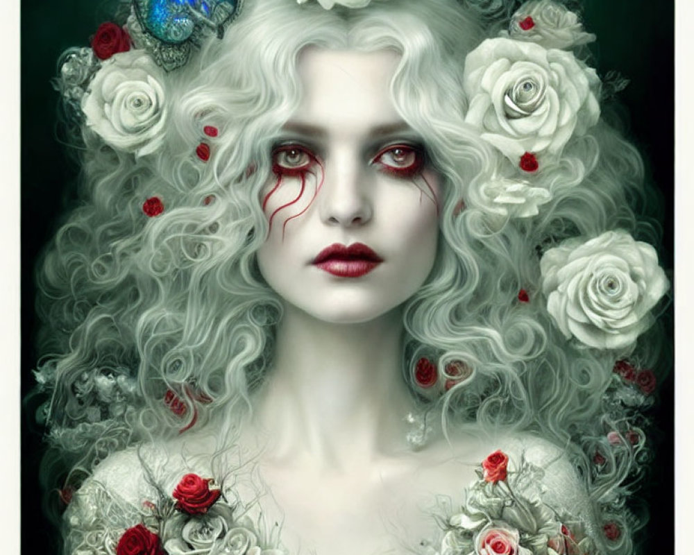 White-haired woman with white roses, red tear details, and blue butterfly.