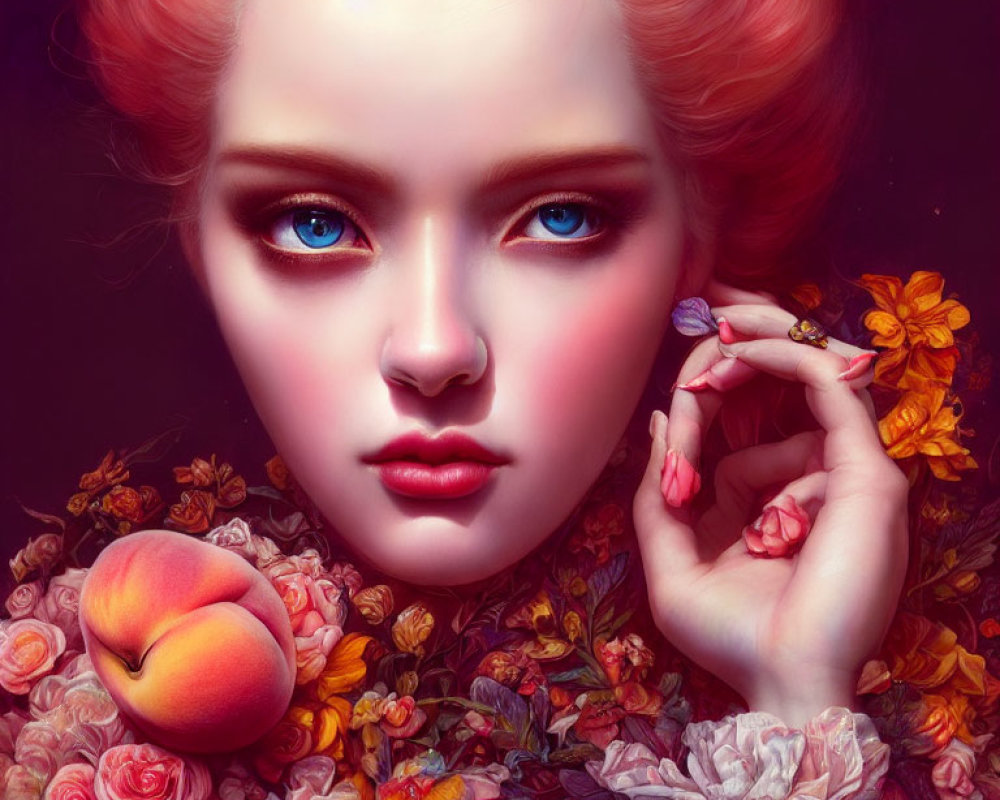 Portrait of Woman with Blue Eyes and Peach Hair Among Flowers