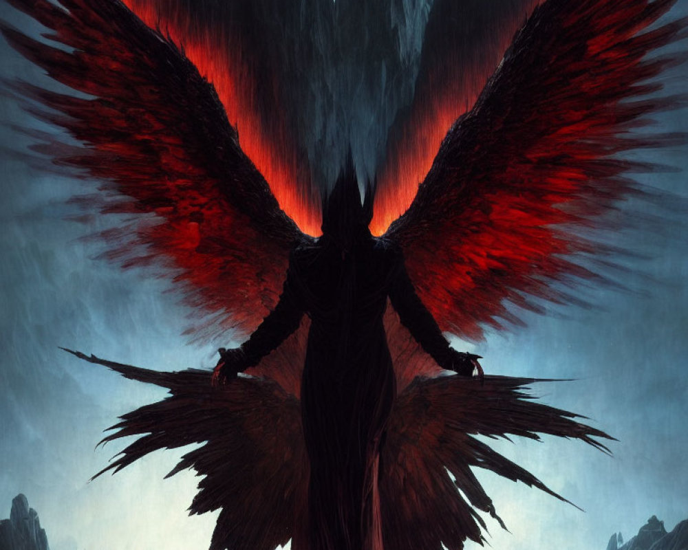 Majestic figure with fiery red and black wings in mountainous setting