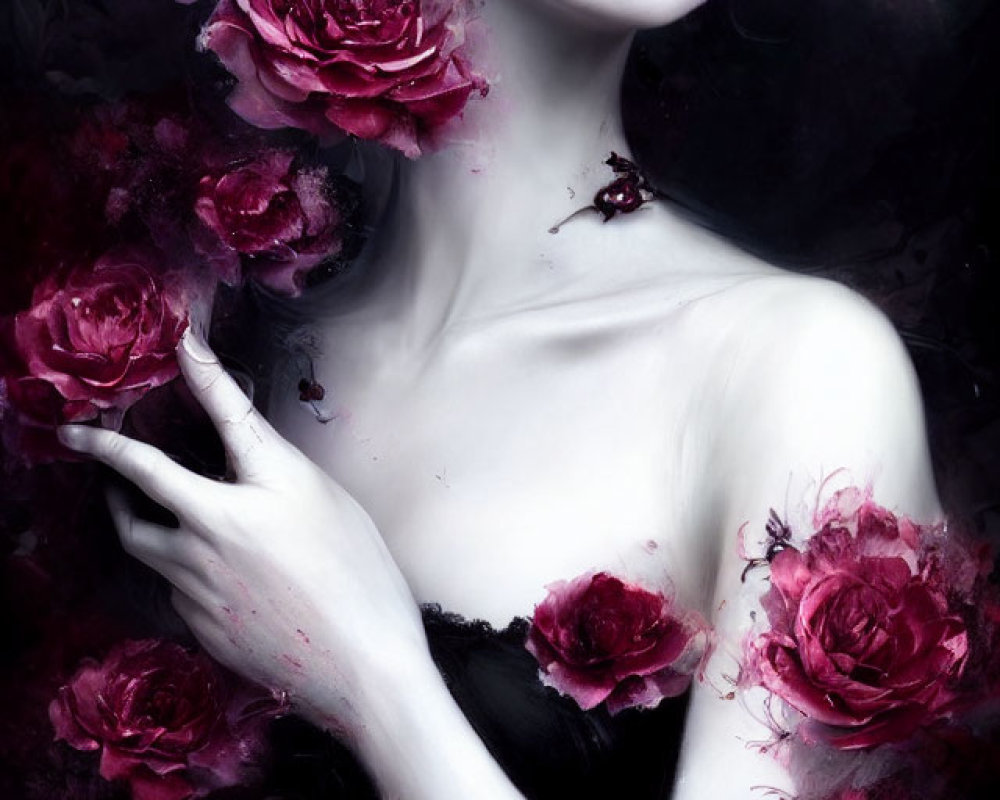 Pale Woman with Dark Lipstick Surrounded by Red Roses in Gothic Setting