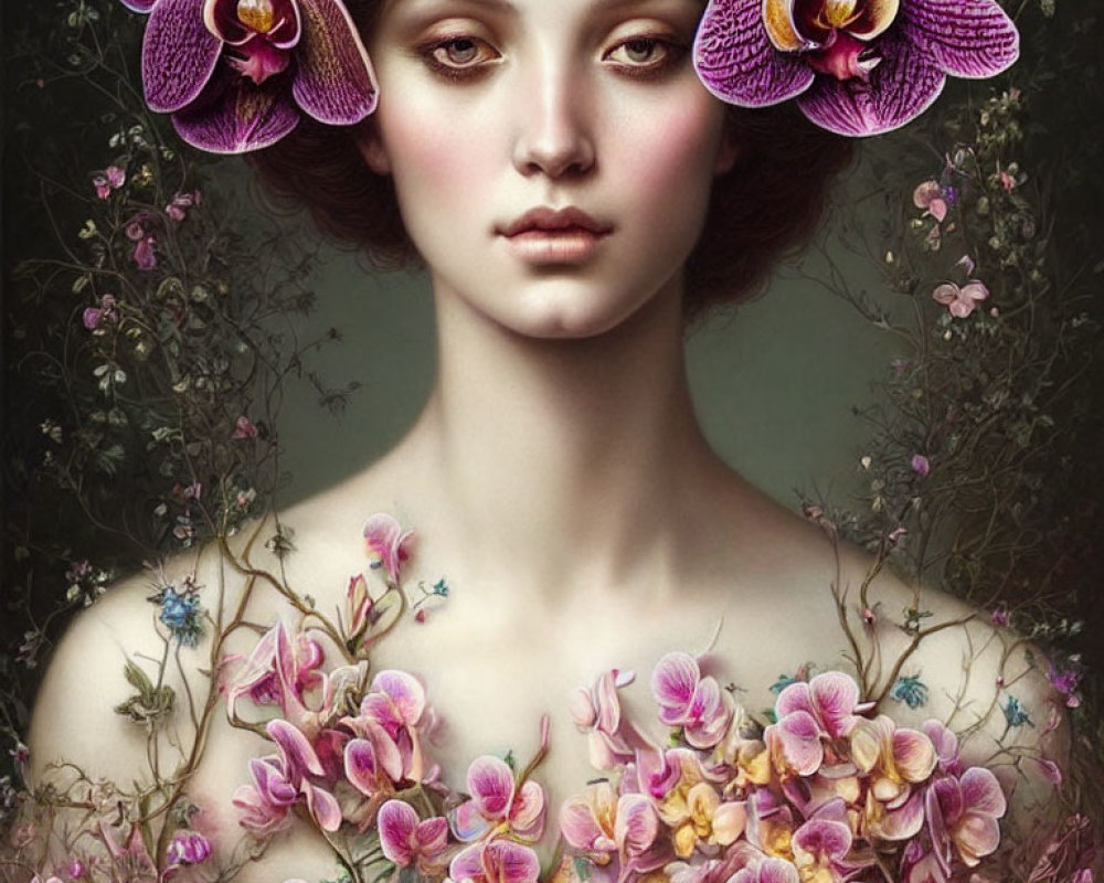 Vibrant purple orchids adorn woman in surreal portrait