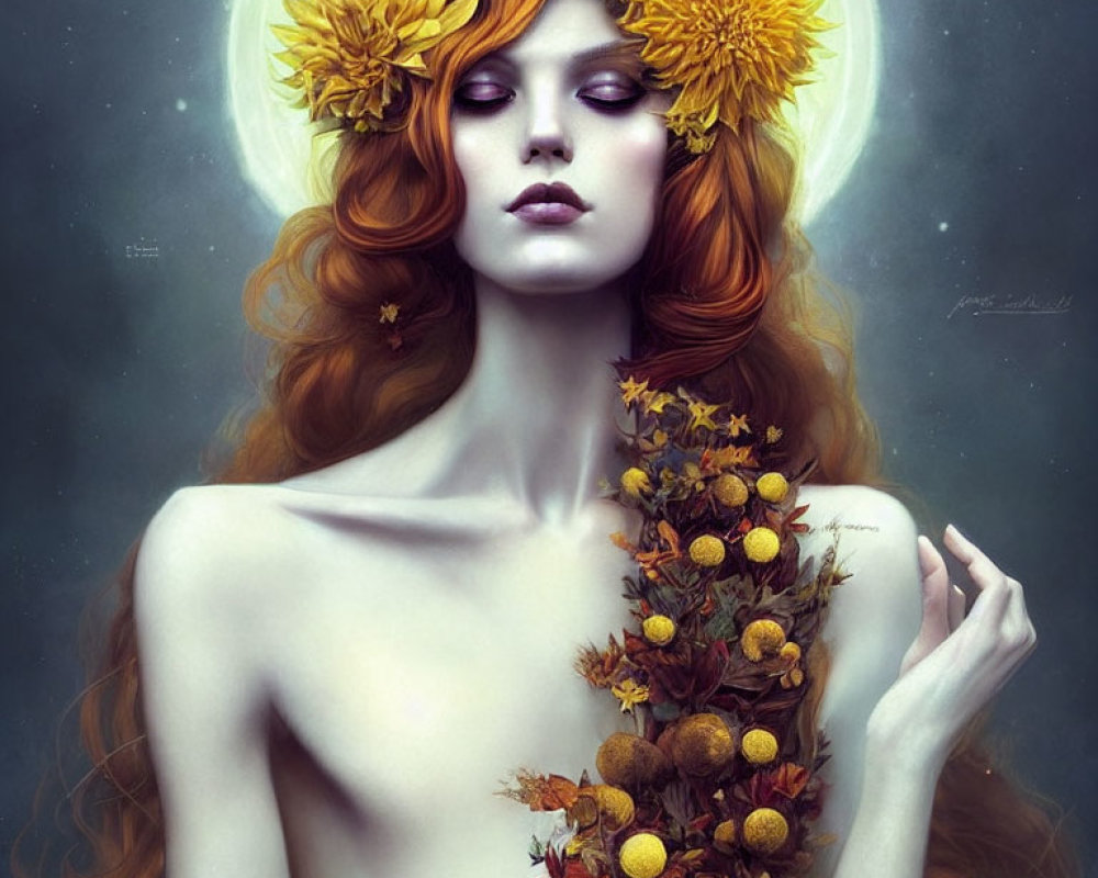 Surreal portrait of woman with red hair and yellow flowers on dark background