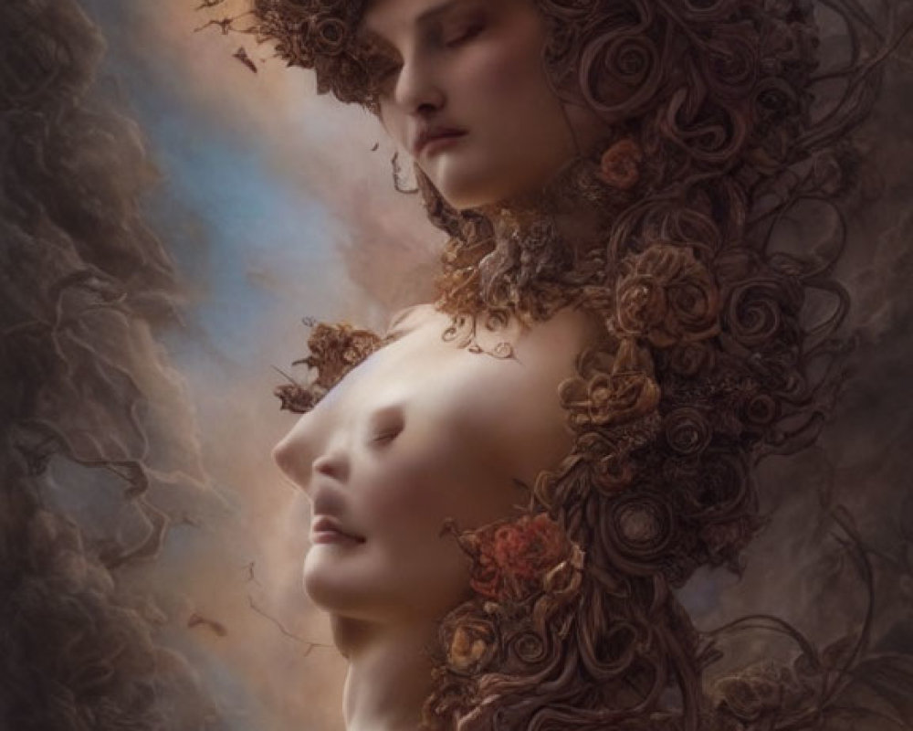 Surreal portrait featuring entwined figures with floral adornments