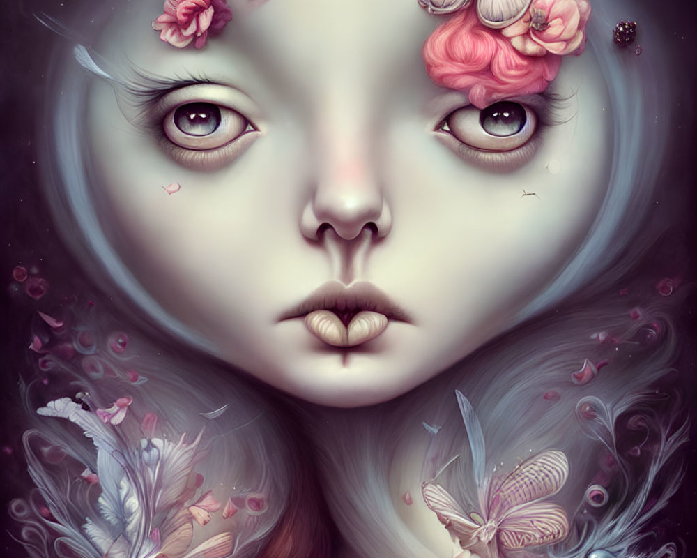 Surreal portrait of pale woman with expressive eyes, pink flowers, and butterflies.