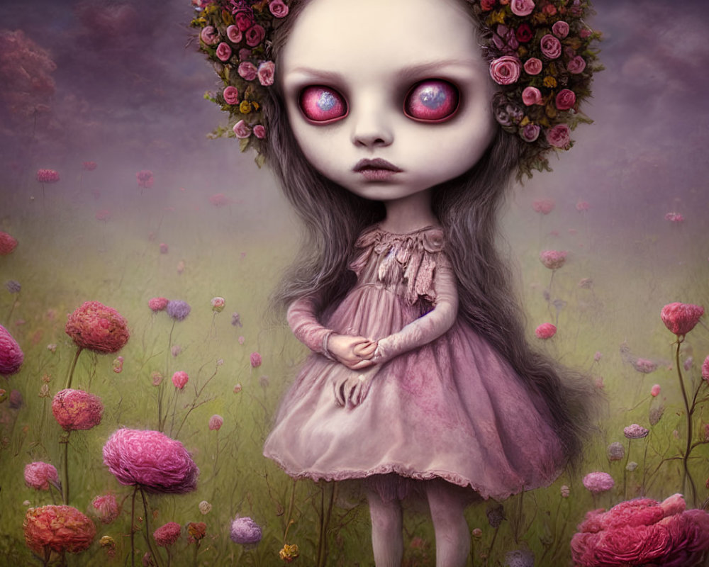 Illustration of child with oversized crimson eyes in surreal purple landscape