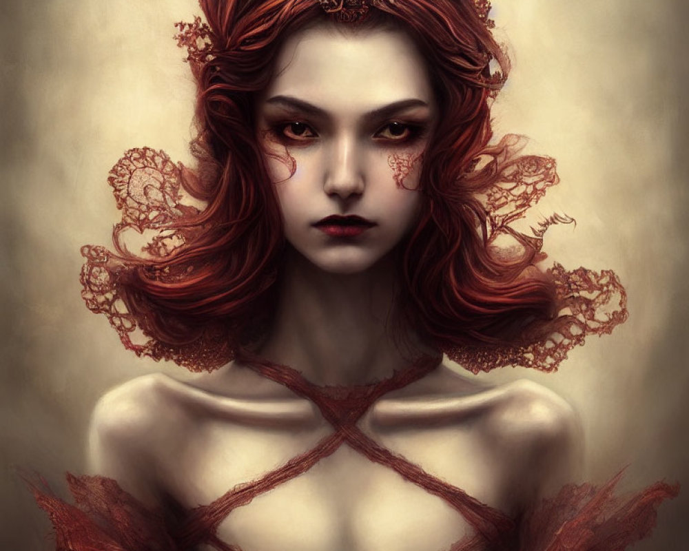 Detailed Vintage Woman Illustration with Red Lace and Piercing Gaze