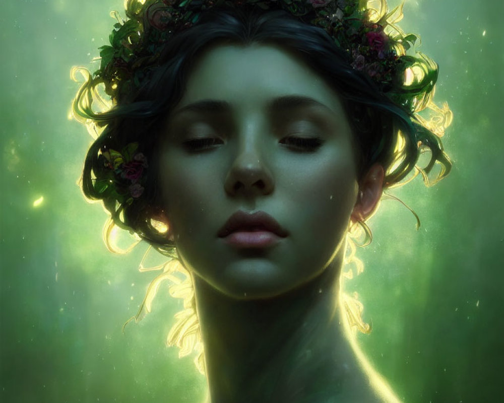 Woman with Flower Crown Glowing in Green Light