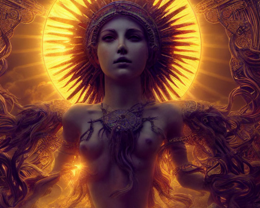 Mystical female figure with sun halo and ornate jewelry in celestial setting