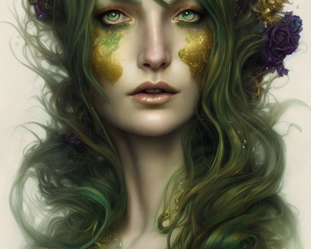 Portrait of Woman with Green Hair, Purple Flowers, and Gold Leaves