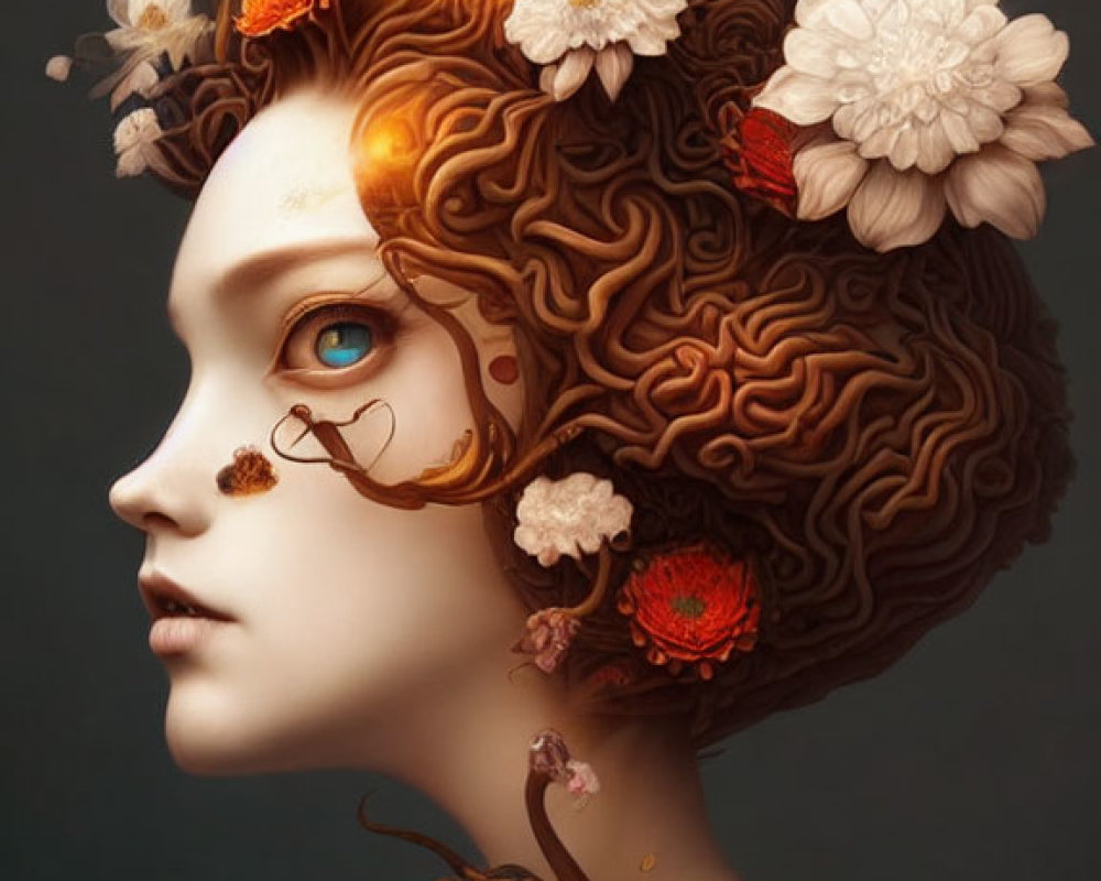 Surreal portrait of female figure with botanical elements in hair.