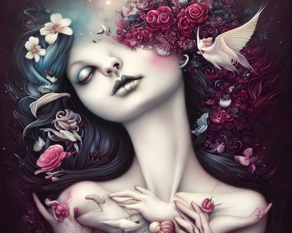 Surreal portrait of woman with flowers and birds in cosmic setting