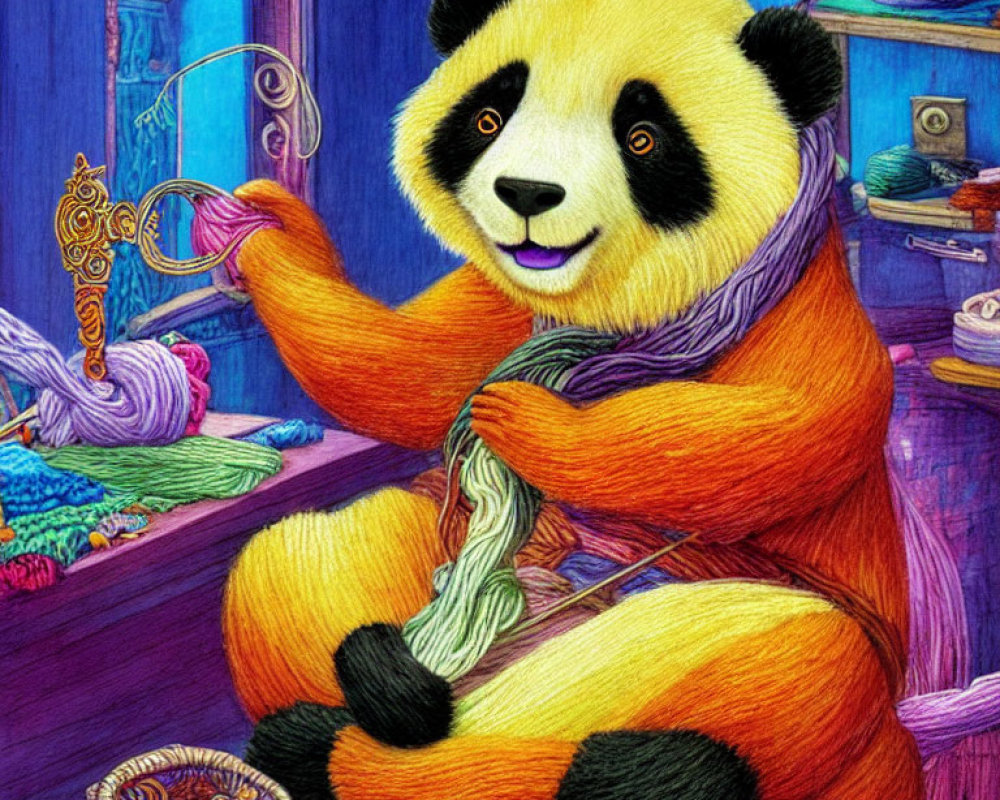 Vibrant illustration of panda knitting in colorful room