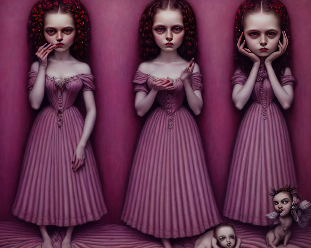 Gothic doll-like figures in pensive poses on maroon background