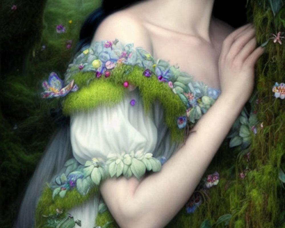 Ethereal woman in fantasy forest with foliage dress and butterfly