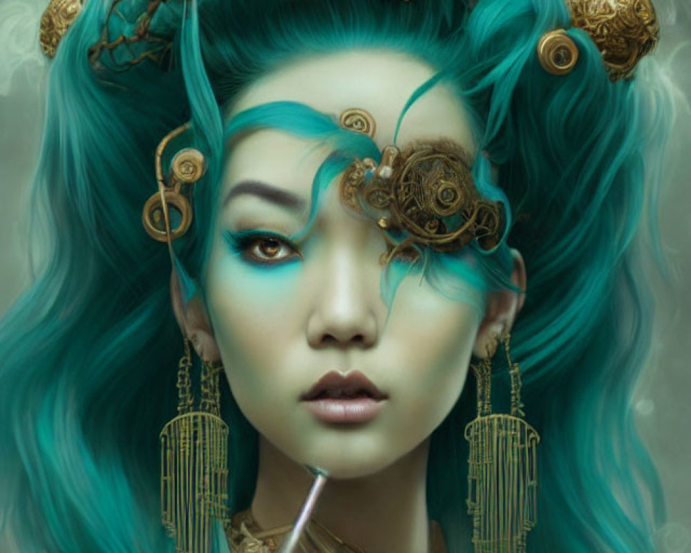 Turquoise-haired woman with steampunk style makeup and gears.