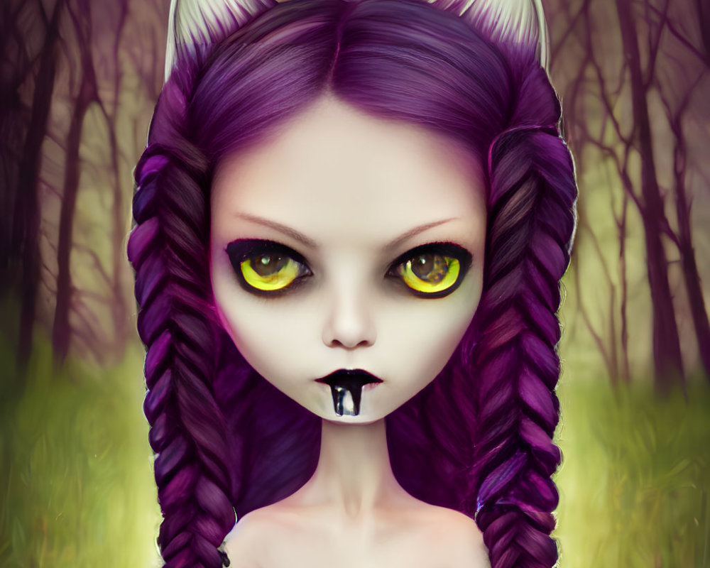 Fantasy cat-like character with purple hair and yellow eyes in mystical forest