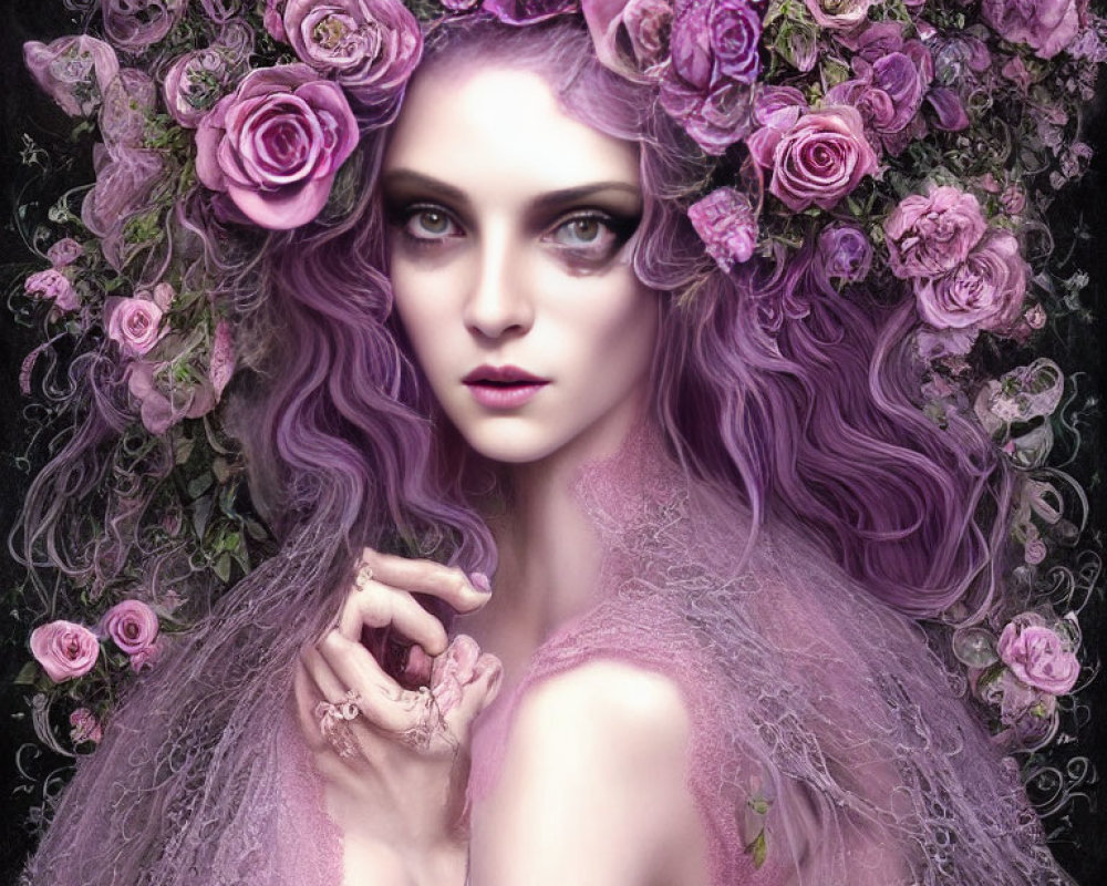 Portrait of Woman with Purple Hair, Rose Crown, Lavender Gaze, and Floral Attire