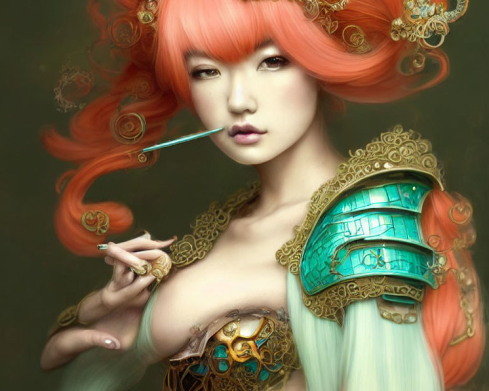 Illustration of woman with flowing orange hair and gold ornaments holding emerald shoulder armor