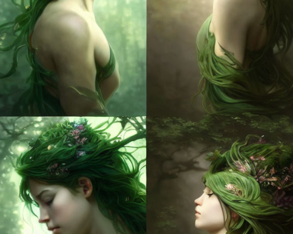 Woman with Green Hair and Floral Crown in Forest - Four Poses, Mystical Ambiance