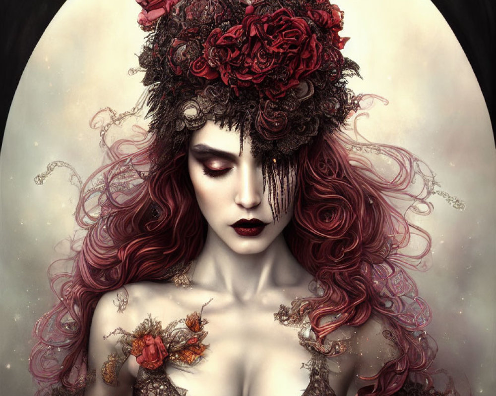 Vivid Red-Haired Woman with Dark Floral Headdress in Gothic Fantasy Portrait