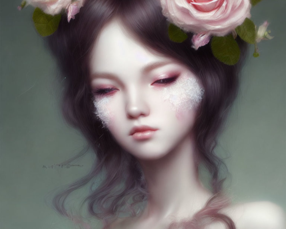 Digital artwork featuring woman with pale skin, rosy cheeks, pink blossoms, and floral textures.